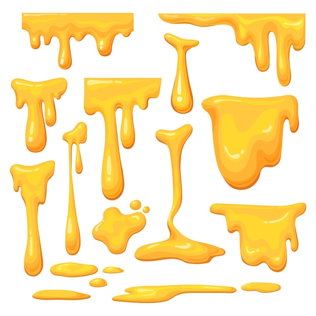 Cartoon honey drip delicious drips melting liquid syrup yellow drops splashes dripping orange droplet caramel flow droplets sweet natural product neat design vector illustration