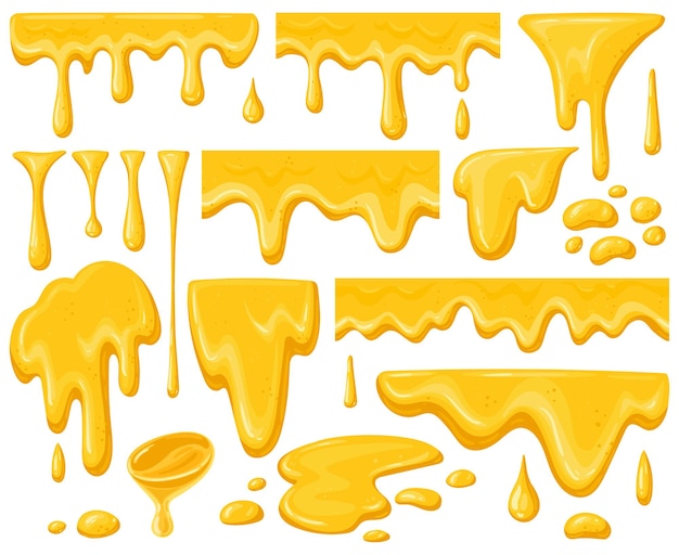 Cartoon honey drips. Dripping golden delicious honey flows, yellow natural sweets splashes and honey syrup drops set