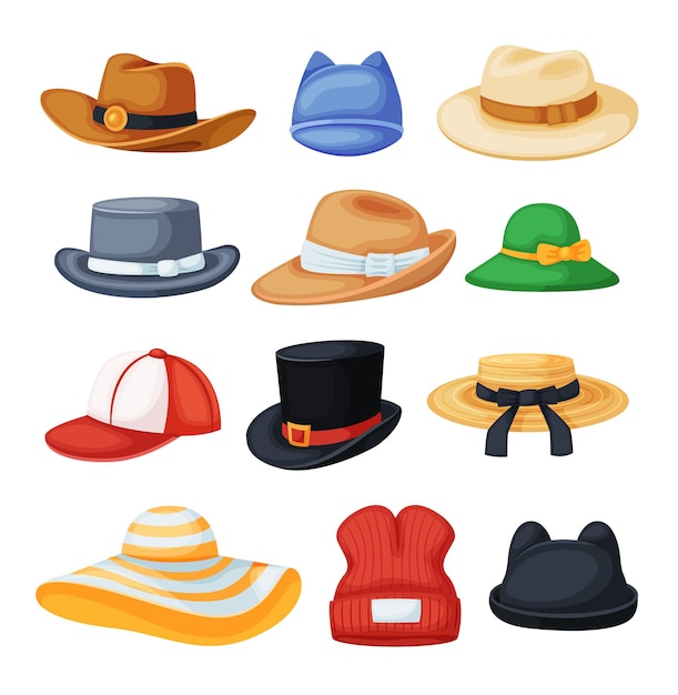 Cartoon hoofddeksels cowboyhoed fedora strand zonnehoed baseball cap zwarte cilinder set