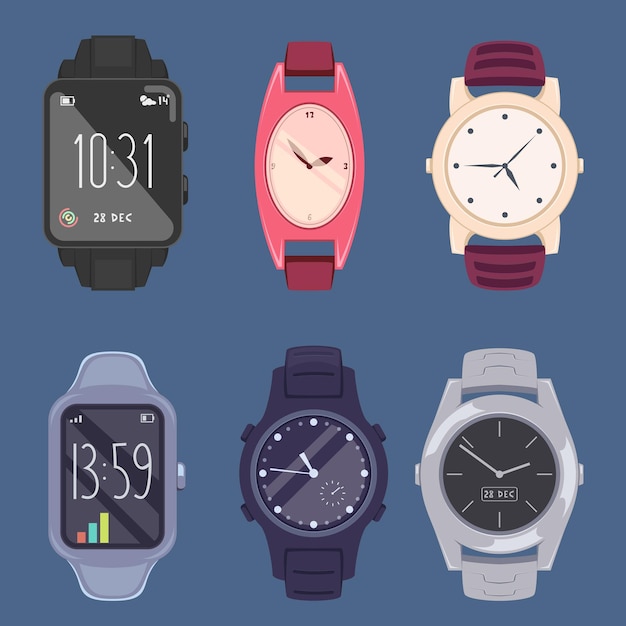 Cartoon horloges Luxe handgemaakte accessoires voor mannen en vrouwen slimme horloges voor zakenlieden exacte vectorillustraties Mode horloge luxe stijl modern polshorloge