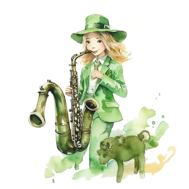 Vector cartoon horse dress green color clothes playing saxopho