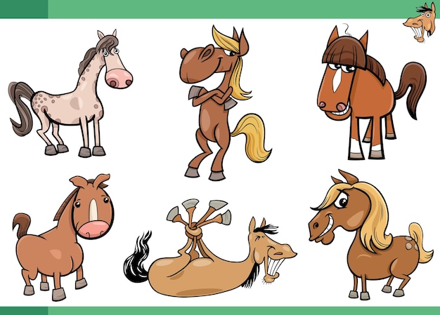 Cartoon horses farm animals comic characters set