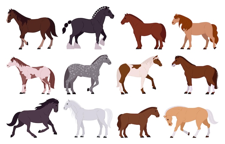 Vector cartoon horses standing domestic animals horse and pony of different breeds graceful farm or ranch animals flat vector illustration set thoroughbred horses collection
