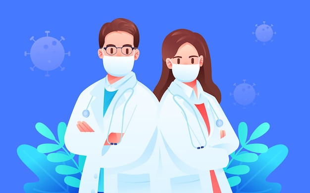 Cartoon hospital doctors and nurses in white coats vector illustration material