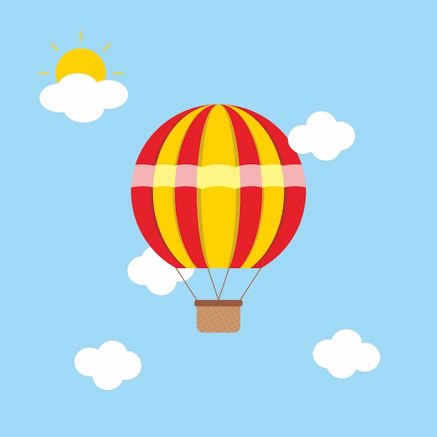 A cartoon hot air balloon with a yellow stripe and the sun is shining through the clouds.