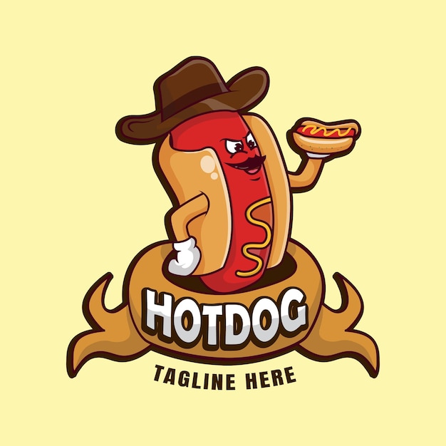 Vettore logo di hot dog dei cartoni animati con cappello da cowboy