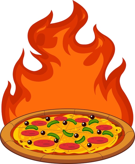 Vector cartoon hot pepperoni pizza with peppers and flames vector hand drawn illustration