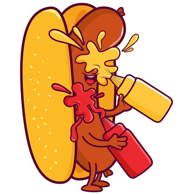 Vector cartoon hotdog splashing itself with mustard and ketchup fast food sandwich with sausage