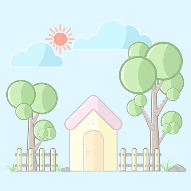 Cartoon house cute with nature element, vector illustration.