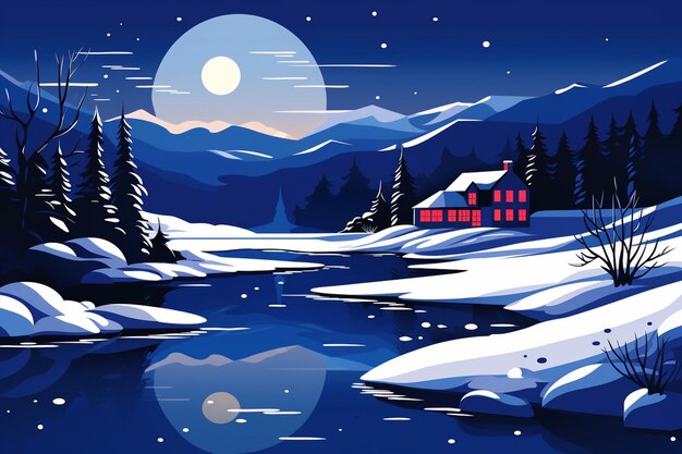 Vector cartoon house in snow and lakes