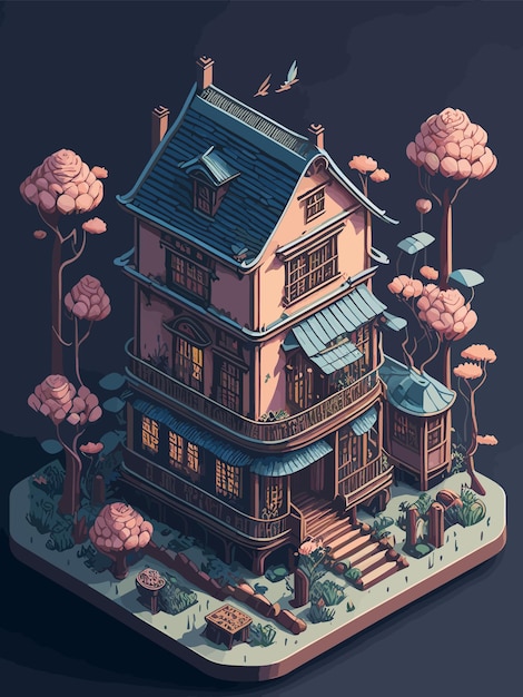 A cartoon house with a blue roof and a pink roof.