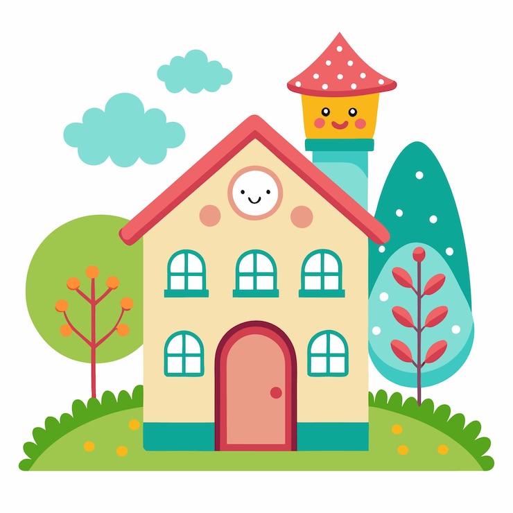 Vector cartoon house with smiling faces on the roof and windows