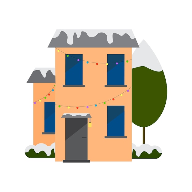 Cartoon house with trees. Karnik house with windows and doors.