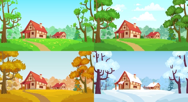 Cartoon house in woods. Forest village four seasons landscapes