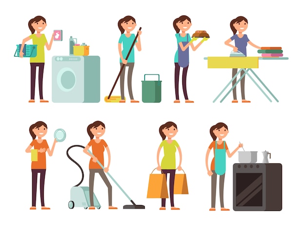 Cartoon housewife in housework activity vector set. happy woman performing household