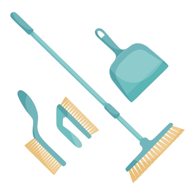 Cartoon housework cleaning equipment, broom, dustpan and brushes. 