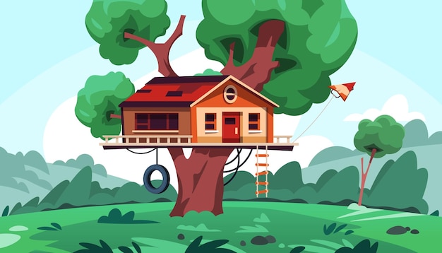 Cartoon huis op boom Zomer achtergrond met leuke en gezellige kinderspeeltuin Houten schuur met deur ramen dak en ladder Voortbouwend op takken Natuur landschap Vector kinderen thuis illustratie