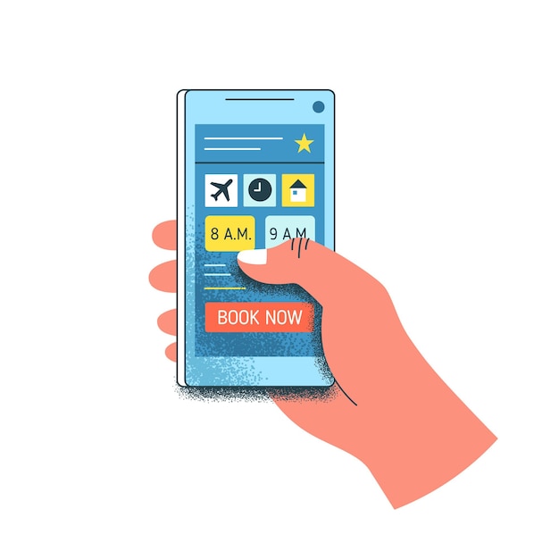 Cartoon human hand hold smartphone with button book now on screen isolated on white. Travel person use online booking mobile application vector flat illustration. Service for order ticket and hotel.