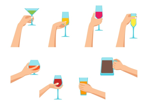 Cartoon human hands holding glasses set vector