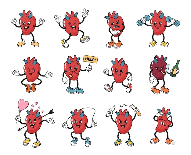 Cartoon human heart mascot Damaged and discomfort heart character healthy habits