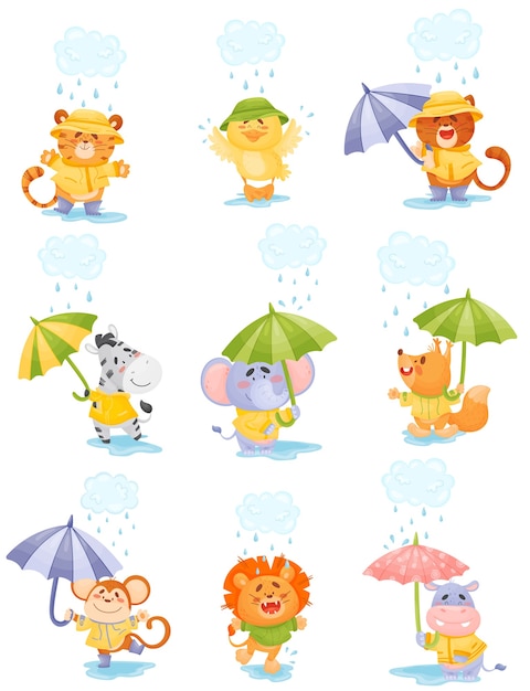 Cartoon humanized animals in yellow raincoats walk in the rain