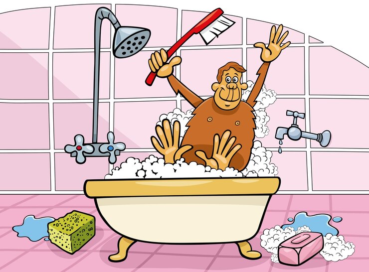 Vector cartoon humorous illustration of monkey taking a bath