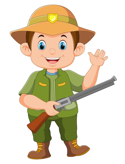 Cartoon hunter with shotgun on white background