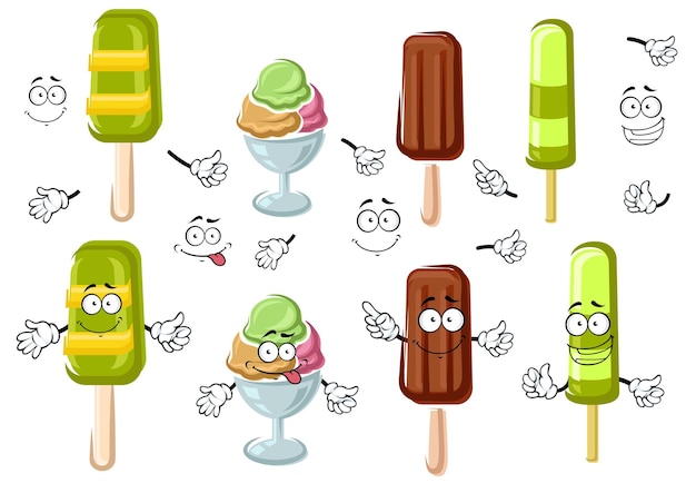 Cartoon ice cream bar sundae and popsicles