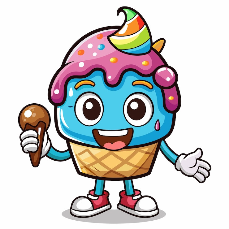 Vector a cartoon ice cream cone with a face and a pink ice cream cone on it