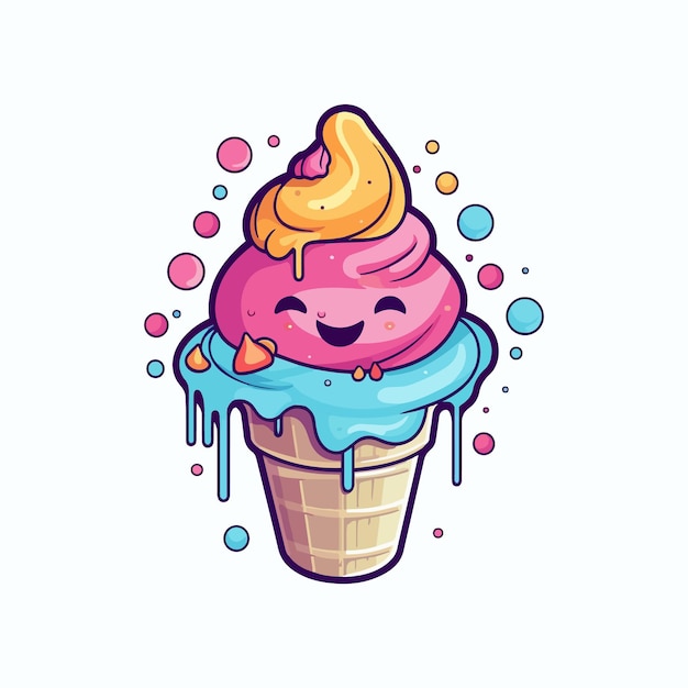 Un cono gelato cartone animato con una faccia sorridente