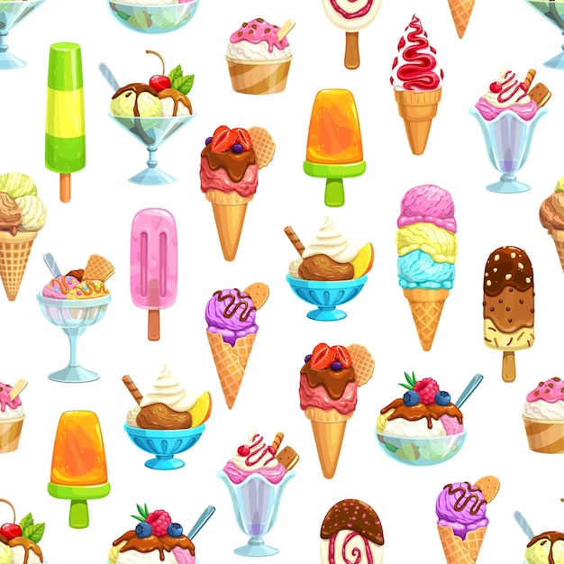 Cartoon ice cream frozen dessert seamless pattern