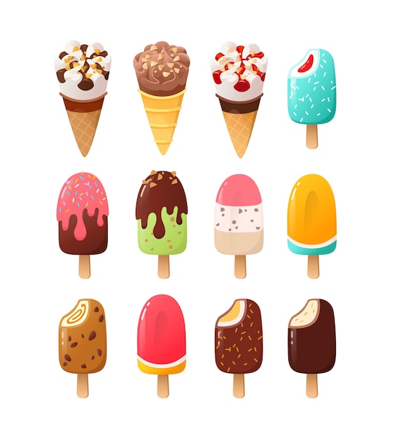 Vector cartoon ice cream and popsicles with various flavours icings toppings and sundae