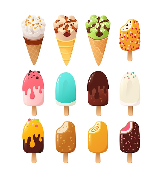 Cartoon ice cream and popsicles with various flavours icings toppings waffle cones and sundae