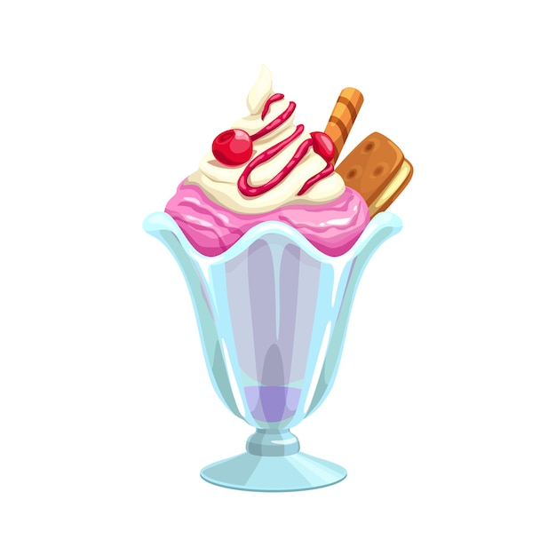 Cartoon ice cream strawberry sundae in glass cup