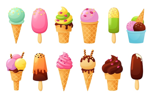 Cartoon ice cream Tasty fruit ice sweet summer sundaes in cone and cold delicious gelato vector illustration set