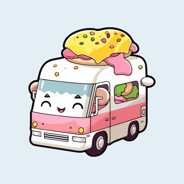 A cartoon ice cream truck with a pink and white ice cream truck