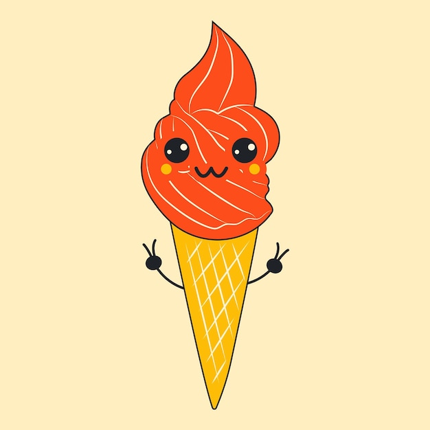 Vector cartoon ice cream with a face and a smiley face on the top of it.