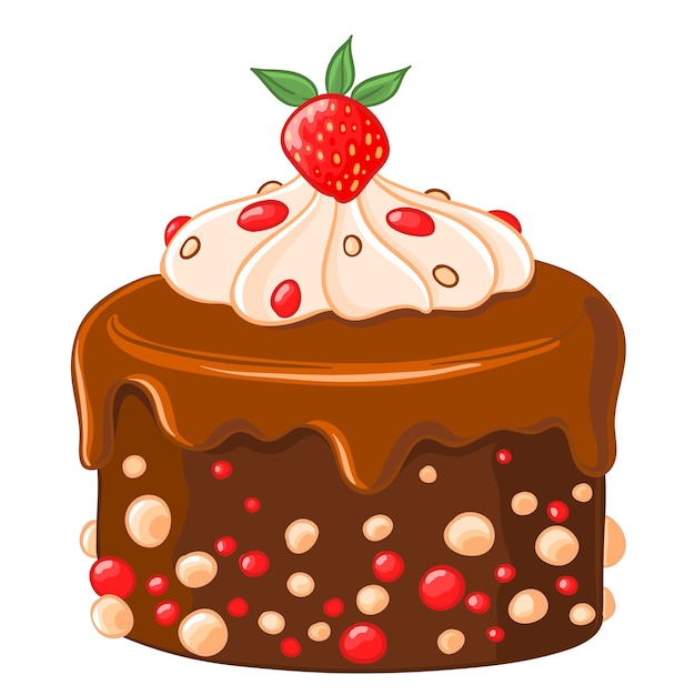 Cartoon icon chocolate-coffee cake with caramel syrup, strawberries and whipped cream.