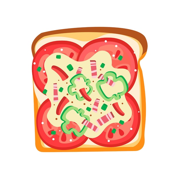 Cartoon icon of delicious sandwich Toast bread with natural ingredients slices of tomatoes pepper and bacon Tasty snack for lunch Fast food theme Colorful flat vector design isolated on white