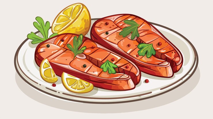 Вектор икона мультфильма " рыбный стейк, морепродукты " ресторанное блюдо