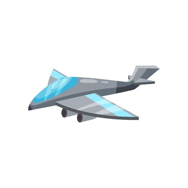 Vector cartoon icon of gray military jet plane aircraft with powerful engines air force fighter flat vector design