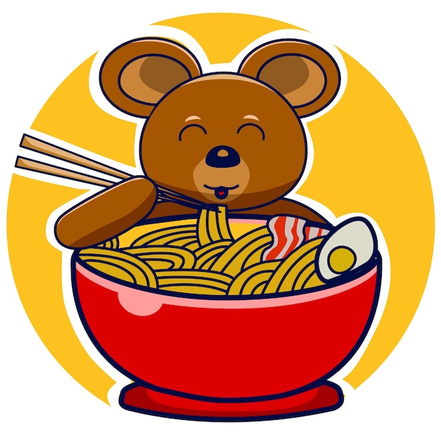 ラーメンを食べるクマの漫画アイコンイラスト動物キャラクターコンセプト孤立したプレミアムデザイン