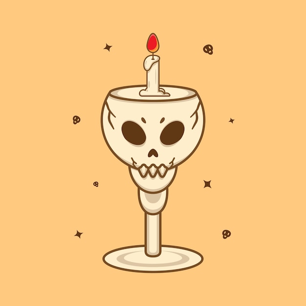 Cartoon icon illustration of scary skull candle holder. Halloween concept. Simple premium design