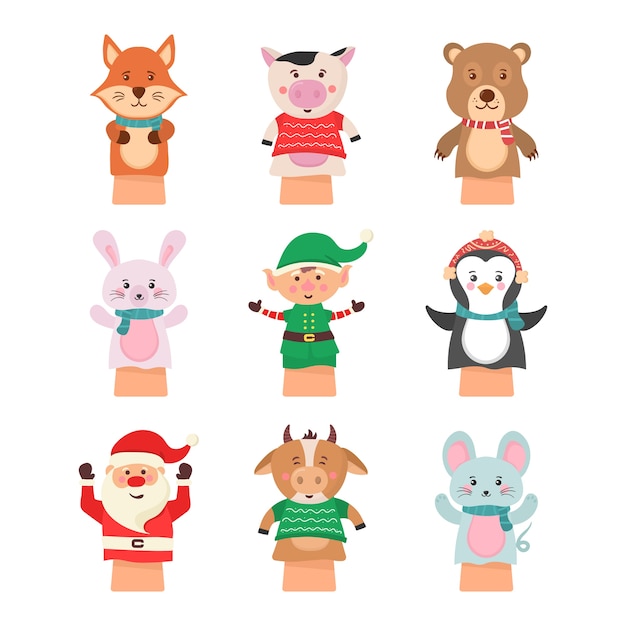 Cartoon icon isolated on white background theater puppets. hands puppets play doll, cute and funny animals. dolls from socks on hands and fingers toys for kids funny characters.