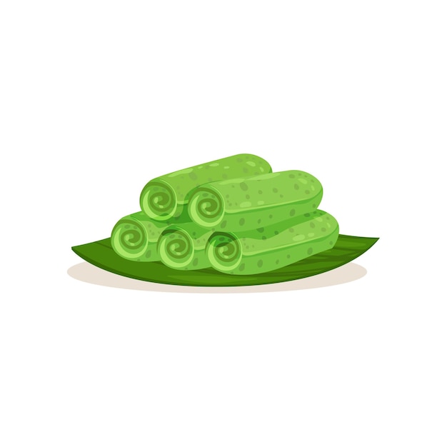 Cartoon icon of kuih ketayap on green leaf Traditional Malaysian dessert Sweet food Tasty snack Asian cuisine theme Graphic element for cafe menu Flat vector design isolated on white background