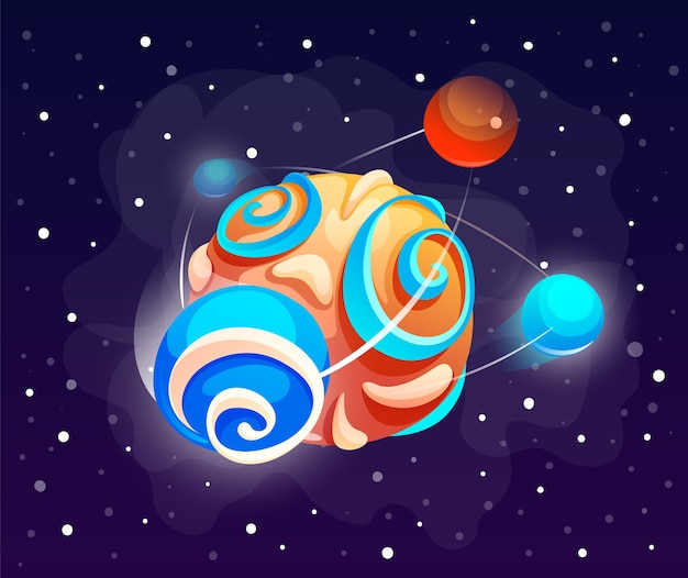 Vector cartoon icon of planet with colorful balls