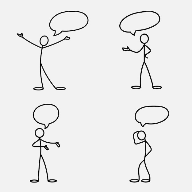 Vector cartoon icon of sketch stick figure men in cute miniature scenes.