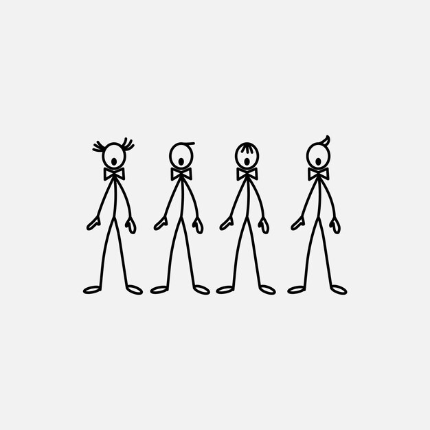 Cartoon icon of sketch stick figure singers men in cute miniature scenes.