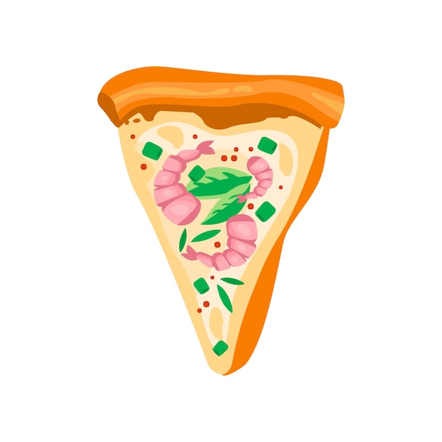 Cartoon icon of triangle pizza slice with shrimps basil leaves mozzarella cheese and condiments Fast food theme Graphic design for cafe or pizzeria menu Colored flat vector icon isolated on white