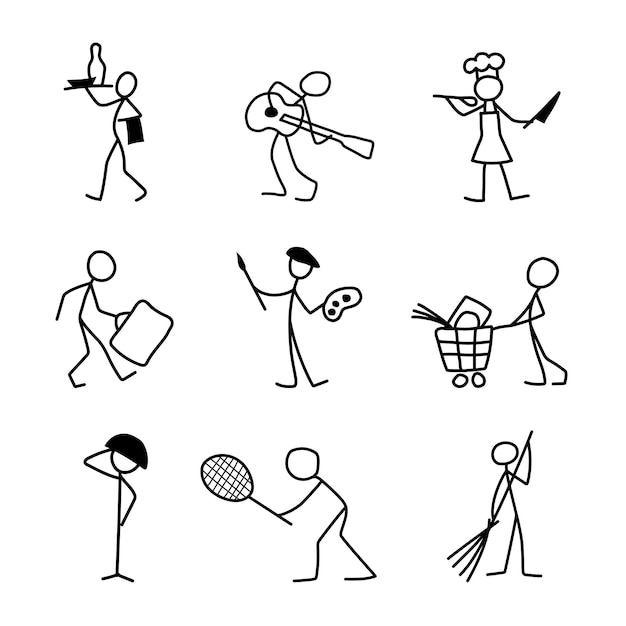 Vector cartoon iconen set schets vector mensen in verschillende beroepen.